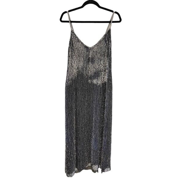 Retrofete Rebecca  Grey Velvet Trimmed Sequined Chiffon Dress ( No Belt) - Picture 5 of 11